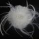 Womens Wedding Party Ivory Feather Pearl Jewel Netting Hair Clip, Bridal Head Piece