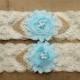 Something Blue Wedding Garter - Burlap and Lace Garter Set w/ Pearls, Rustic Country Western Garter, Burlap wedding garder belt