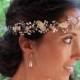 Gold Hair Vine, Ivory Bridal Hair Vine, Pearl and Crystal Hairpiece, Gold Wedding Hairvine, WISTERIA