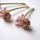 Pink and Gold Hair Pins, Swarovski Crystal and Pearl Clusters, Wedding Bobby Pins