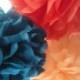 Tissue pom poms, set of 6, 9-12" diameter coral peach, mandarin orange, peacock blue for weddings, birthdays, showers