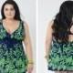 Dark Blue And Green Print Two-Pieces Plus Size Womens Swimsuit With Skirt Lidyy1605241012