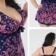 Dark Blue And Rose Color Print Two-Pieces Plus Size Womens Swimsuit With Skirt Lidyy1605241015