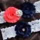 On Sale Wedding Garter, Bridal Garter, Wedding Garter Set, Navy Blue and Coral Garter Belt , Shabby Chiffon Flower Vintage Lace Garter