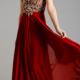 Red Scoop Crystals Chiffon Tulle Ruched Floor Length