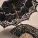 Black Lace Umbrella Fan Set, Handmade Black Umbrella Parasol, Wedding Bridal Umbrella, Black Lace Parasol, Vintage Lace Hand Fan HSSZ13-9