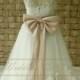 Ivory Lace Applique Flower Girl Dress Ankle Length with Blush Sash and Bow