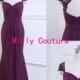 Purple Long open back bridesmaid dress with lace cap sleeves, chiffon evening dress