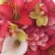 Tropical wedding bridal bouquet and matching boutonniere frangipani real touch calla lilies orchids beauty lilies