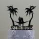 Beach Wedding Cake Topper Personalized with your Surname, Mr Mrs with Palms and a Couple on a Hammock