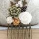 Floral Hair Comb Leaf Comb Neutral Earth Tones Green Flower Hair Accessories Cream Rose Fall Autumn Woodland Wedding Pine Cone Nature Forest