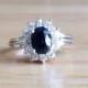 Sapphire Engagement Ring - 14kt White Gold Diamond Halo - Size 5 3/4 Sizeable Alternative Wedding September Birthstone Antique Fine Jewelry