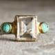 Emerald cut Clear Quartz and Turquoise sterling silver and gold vintage style ring-made to order