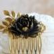 Black Flower Hair Comb Antique Gold Leaf Black Rose Hair Comb Gold Hair Comb Black Wedding Gothic Wedding Bridal Hairpiece Goth
