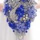 BROOCH BOUQUET. Waterfall cascading DESIGN with pearls in royal blue and ivory