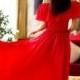 Long Red Dress,Evening Dress,Open Shoulders Dress,Flared Dress,Floor Length Dress,Wedding Event Dress,Chiffon Dress,Bridesmaid Summer Dress