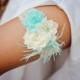 Shabby Chiffon Aqua Blue Ivory Lace Pearl Feather Flower Bridal Garter Vintage Wedding Garter Or Garter Set