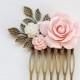 Pink Rose Hair Comb Blush Pink Wedding Hair Accessory Bridal Hair Comb Bridesmaid Hair Accessory Antique Gold Leaf Hair Comb French Country