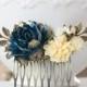Navy Blue Flower Hair Comb, Gold Dark Blue Ivory Rose Gold Brass Leaf Hair Comb, Something Blue Wedding Bridal Comb, Goth Gothic Victorian
