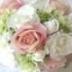Wedding bouquets and boutonnieres 7 piece set silk bridal bouquets pink blush roses creme white roses green hydrangea