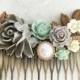 Mint Green Grey Wedding Hair Comb Rustic Bridal Hair Slide Romantic Floral Comb Seafoam Wedding Hair Pin for Bride