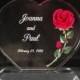 Wedding Cake Topper- Clear lightweight acrylic cake topper personalized with a red rose with green leaves.
