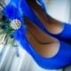 Wedding Shoe Clips Royal Blue & Peacock Fan. Bride Bridal Bridesmaid, Birthday Glamour, Feminine Large Rhinestone, Statement Teal Metallic