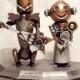 Robot Wedding Cake Topper Bride Groom Wood Statues Classic V3 with Guitar and Camera