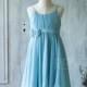 2016 Light blue Junior Bridesmaid Dress, Spaghetti Strap Flower Girl Dress, a line Rosette dress, Draped dress knee length (SK180)