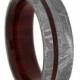 Meteorite Wedding Band, Custom Ring With Bloodwood Sleeve and Pinstripe, Men's Wood Ring
