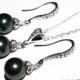 Black Pearl Earrings and Necklace Set STERLING SILVER Cz Black Drop Pearl Set Swarovski 8mm Pearl Necklace&Earring Set Wedding Pearl Jewelry