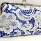 Blue Lace Clutch, Royal Blue Satin Bridal Clutch with Lace Overlay, Wedding Purse, Something Blue Bridesmaid Gift, 8 Inch Frame,