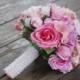 Silk bridal bouquet, pink roses, peonies, calla lilies, seed pearl