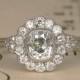 Art Deco Old Cushion Cut Diamond Halo Engagement Ring, Vintage Diamond Cluster Ring made in Platinum
