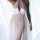 Sheer Bridal Nightgown, Wedding trousseau negligee with lace trim, White halter bodice, Honeymoon sleepwear