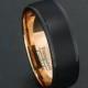 Mens Wedding Band Tungsten Ring Two Tone 8mm Black Brushed Step Edge Rose Gold Inner Comfort Fit