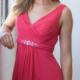 Chiffon Red Ruched V-neck Ankle Length Sleeveless