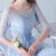 2016 New Fashion Blue Half Sleeves Tulle Corset Lace Up Tea Length Prom Party Homecoming Formal Evening Bridesmaid Dresses