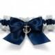 Wedding garter - bridal garter - navy blue and white garter and silver anchor - navy blue garter - navy blue nautical garter - anchor garter