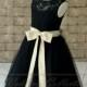 Black Lace Tulle Flower Girl Dress With Champagne Sash and Bow