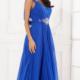 Blue Appliques V-back Chiffon Ruched A-line Sleeveless Floor Length Straps