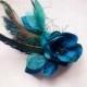 Teal bridal hair fascinator, Handmade fabric flower, Teal flower pin, Bridesmaids gift, Vintage hair flower, Flower with feathers