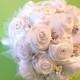 Handmade Ribbon Rose Bouquet- Off White Rose accented with rhinestone (Medium, 7 inch)