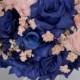 17 Piece Package Wedding Bridal Bride Maid Of Honor Bridesmaid Bouquet Boutonniere Corsage Silk Flower NAVY PEACH BLUE "Lily Of Angeles"