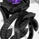 Maleficent  Inspired Rose Flower Style Amethyst & Black Swarovski Diamonds Black Rhodium or Black Gold Bridal Engagement Set