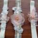 BLUSHING BRIDE wedding garter set- Ivory and peach, floral lace, keepsake and toss garters with pearl, crystal and sequin accents