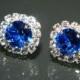 Sapphire Crystal Halo Earrings Swarovski 8mm Blue Rhinestone Hypoallergenic Earring Studs Royal Blue Cobalt Silver Bridesmaids Earrings