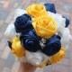 Satin Rose Bouquet,  Ribbon Rose Bouquet, Navy & Yellow satin rose accented with rhinestone (Medium,  7 inch)