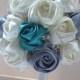 Handmade Satin Rose Bouquet,  Ivory, Teal & Light Gray satin rose accented with rhinestone (Medium, 7 inch)