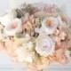Rose Gold Bridal Bouquet,  Preserved flowers not dried flowers.  Pink and white roses, hydrangea, gold babies breath, matching bridesmaids.